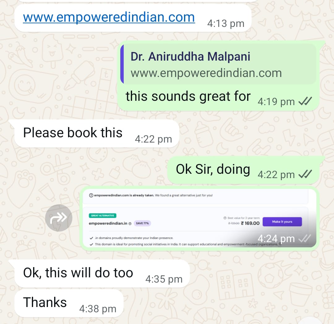 WhatsApp conversation about buying EmpoweredIndian domain