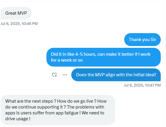 Our first DM conversation - "Great MVP"